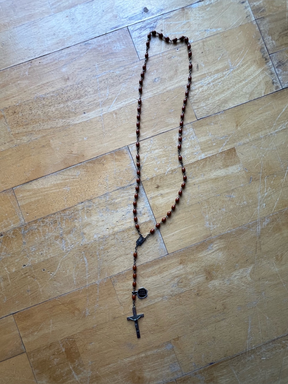 Rosary Bead Necklace with Cross - Brown Beads